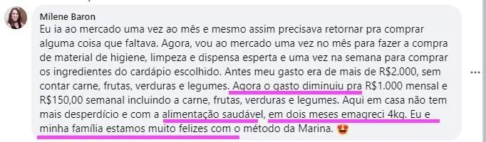Print de Milene: em dois meses emagreci 4 kg comendo comida de verdade